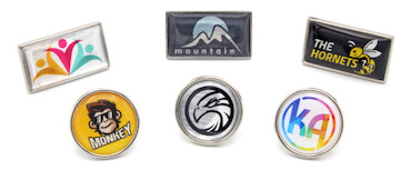 Lapel pin badges - 18mm circle or 25 x 14mm rectangle with silver border | www.namebadgesinternational.ie